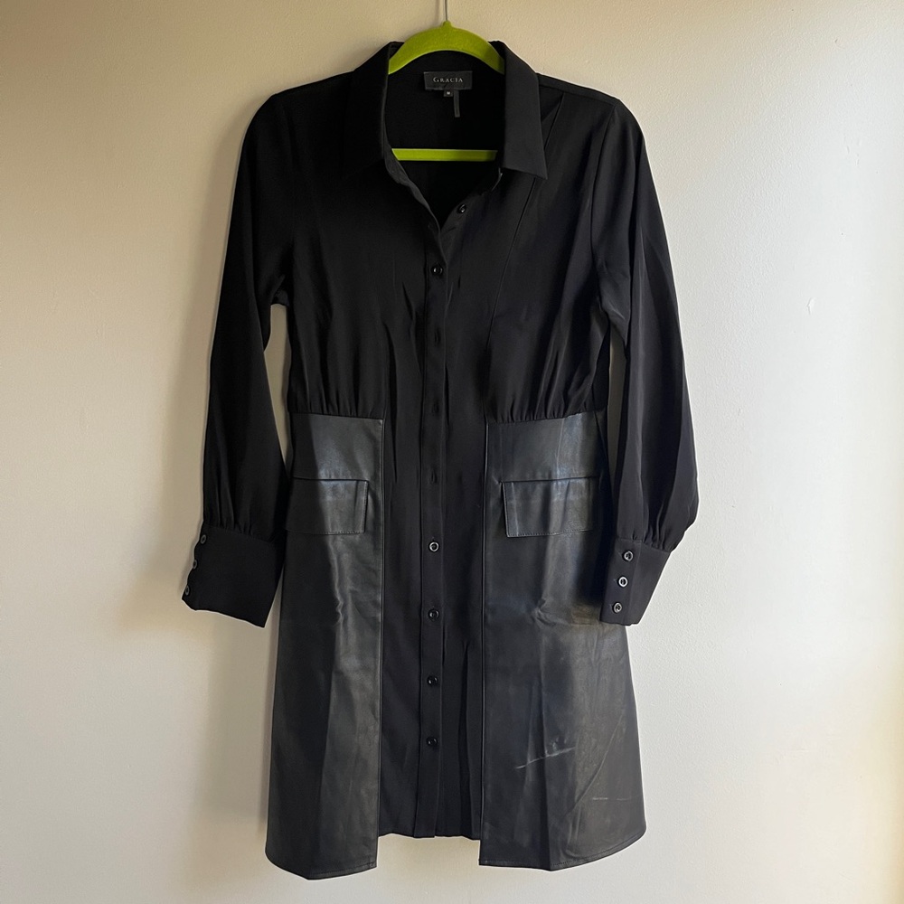 Women’s Black Button Down Dress with Vegan Leather Panels